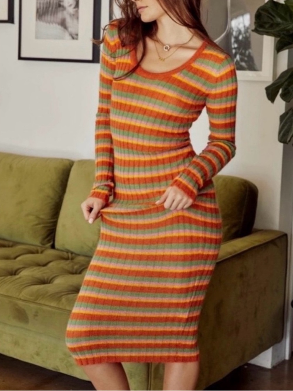 Lisa Says Gah Striped Ribbed Long Sleeve Midi Dress - Orange, Green, Yellow